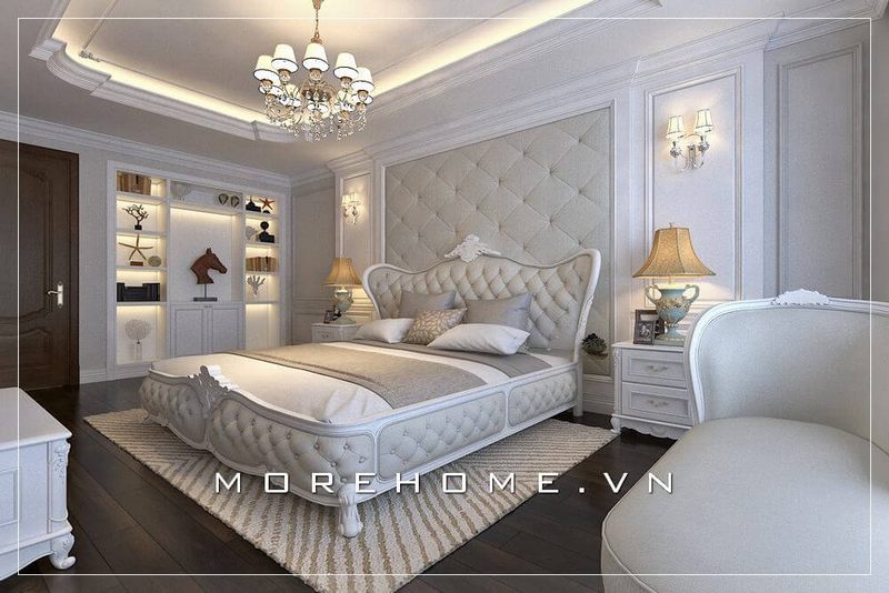 Mẫu giường ngủ bọc nỉ sang trọng, khung gỗ tự nhiên phun sơn trắng với đường nét chạm khắc tinh tế tạo sự nổi bật cho cả căn phòng